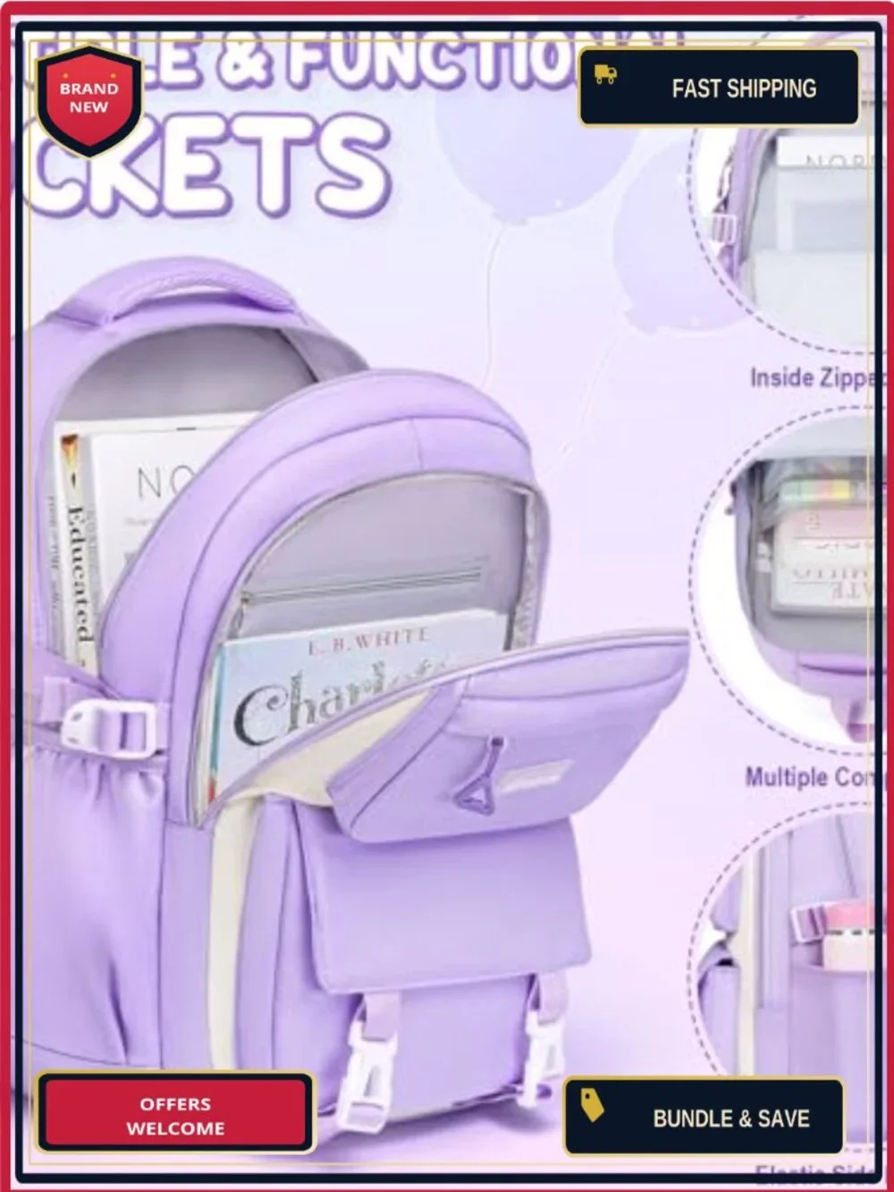 Waterproof School Backpack Set for Girls with Lunch Bag and Pencil Case,